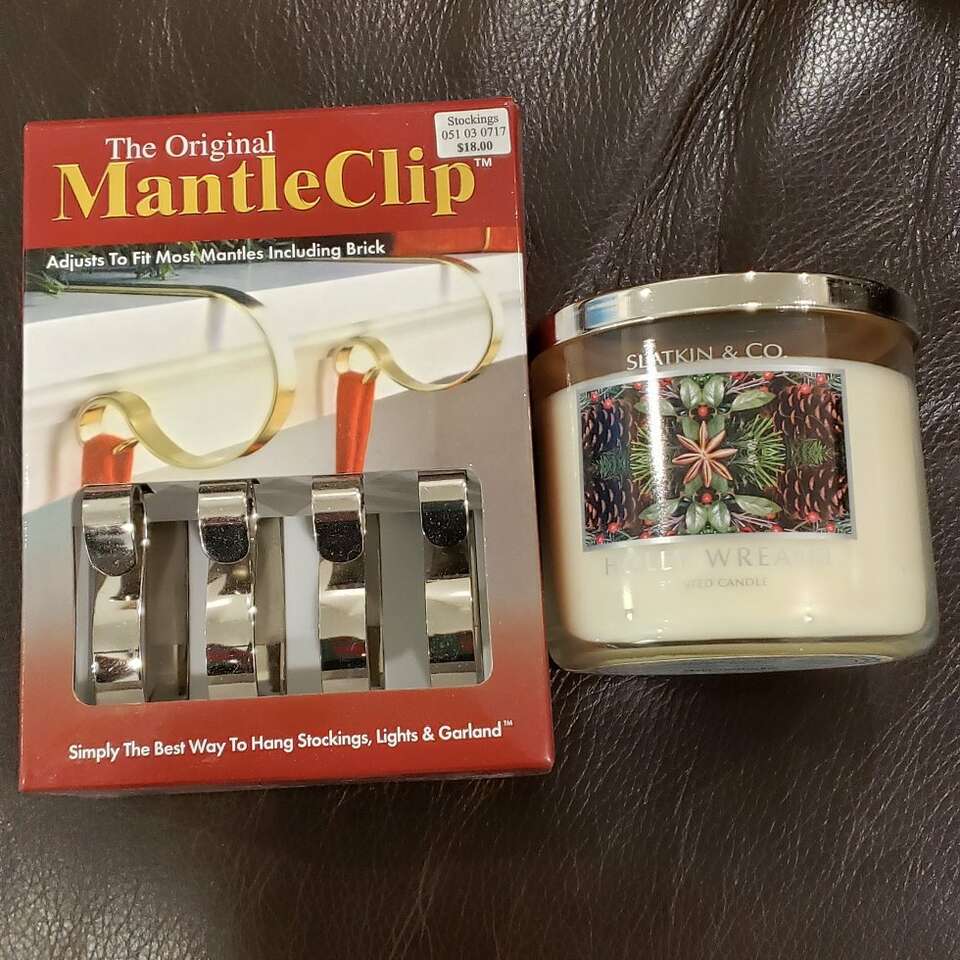 NEW Holiday stocking mantle clips and candle
