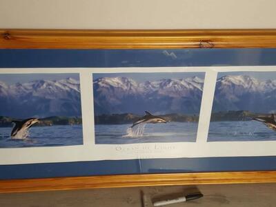 Long wooden picture frame with dolphins
