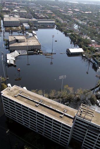 Part of the Tulane University campus is shown covered in floodwaters from Hurricane Katrina Wednesday, Sept. 7, 2005 in New Orleans. (AP Photo/David J. Phillip, Pool)