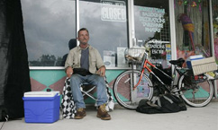 John Anchak, a homeless man, plans to remain in Key West, Fla. at this strip mall shop Tuesday, Sept.20, 2005 during Hurricane Rita. He explained that he will be protected from the rain and wind