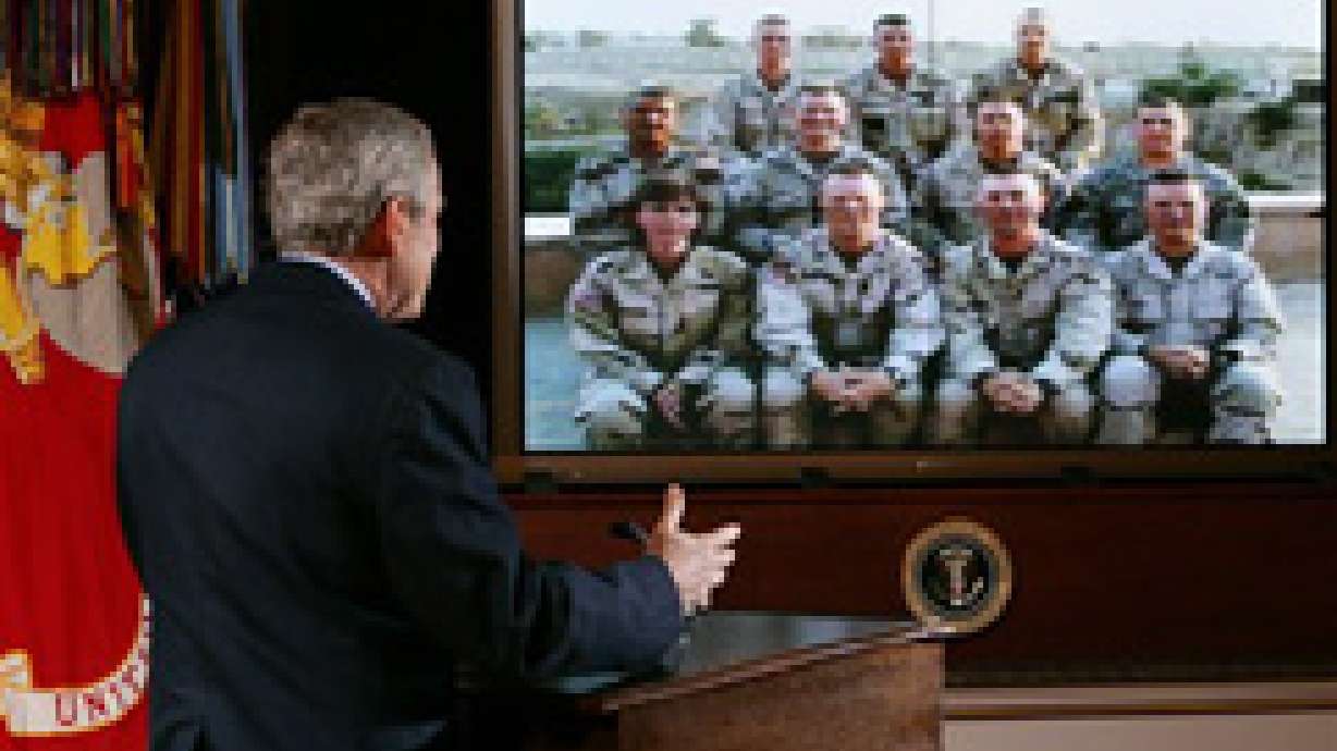 Bush Gives Pep Talk to U.S. Troops in Iraq