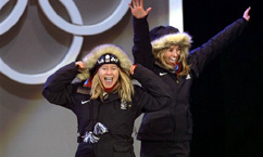 Women Snowboarders Wearing Medals, Big Smiles