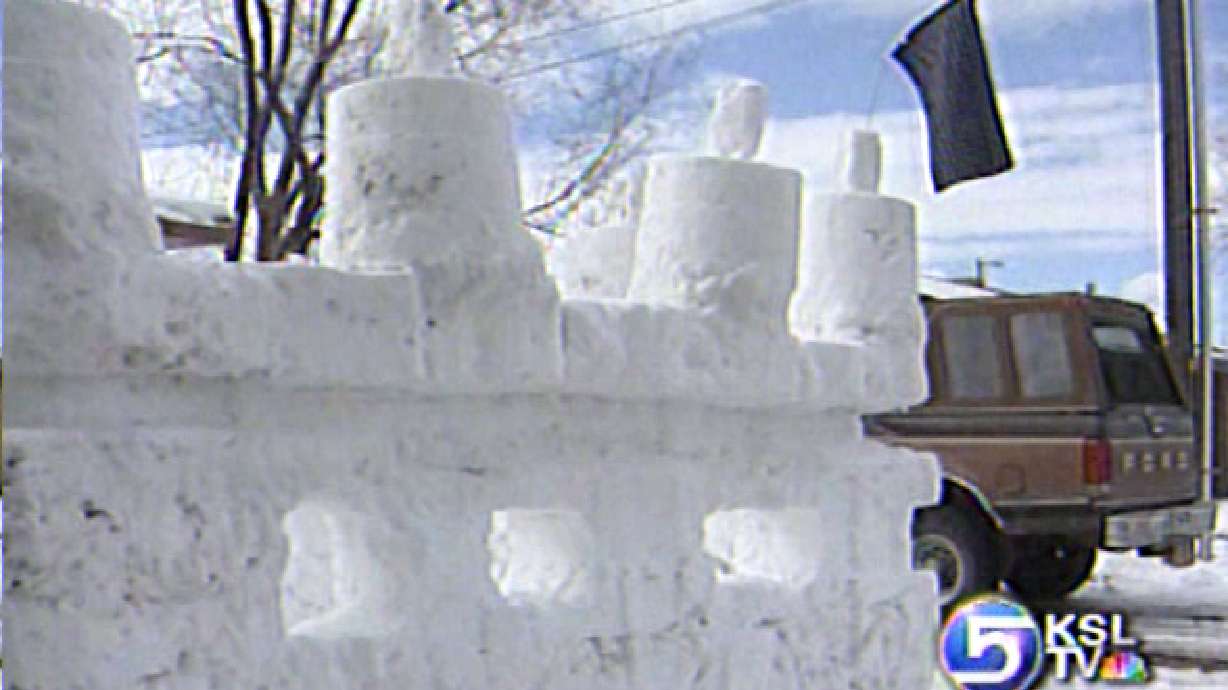 Public Admires Snow Castle on Redwood Road