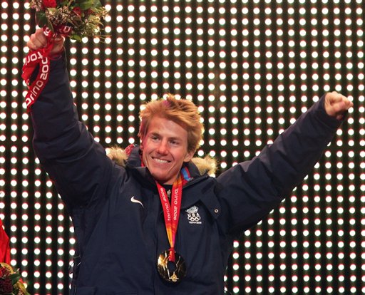 United States gold medalist Ted Ligety celebrates during the medal ceremony for the Men's Combined at the Turin 2006 Winter Olympic Games in Turin, Italy Wednesday Feb. 15, 2006. (AP Photo/Greg Baker)