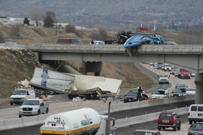 Semi Trailer Falls Off Overpass, Onto I-15