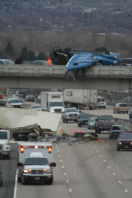 Semi Trailer Falls Off Overpass, Onto I-15