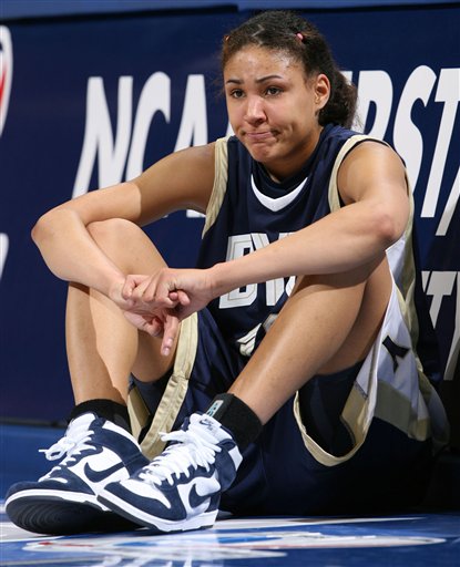 BYU forward Ambrosia Anderson looks on as time runs out in BYU's 86-70 loss to Oklahoma in the teams' second-round game in the NCAA women's basketball tournament in Denver on Monday, March 20, 2006. (AP Photo/David Zalubowski)