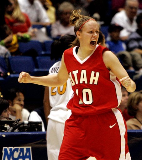 Utah's Shona Thorburn reacts late in the second half during an NCAA second round women's basketball tournament against Arizona State in Tucson, Ariz. on Monday, March 20, 2006. Utah won 86-65. (AP Photo/Khampha Bouaphanh)