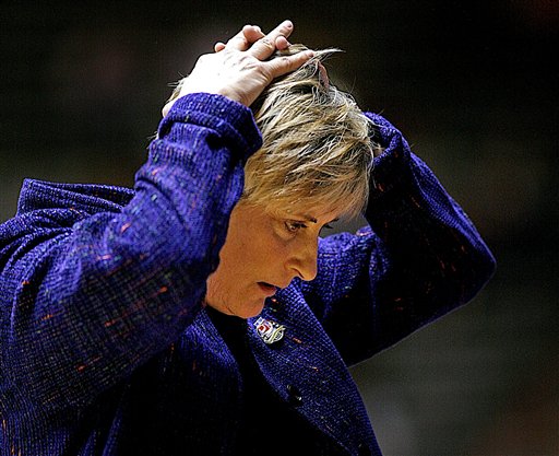 Utah head coach Elaine Elliott looks to her players on the bench as they play Maryland in the NCAA Albuquerque regional championship basketball game Monday, March 27, 2006, in Albuquerque, N.M. Maryland won 75-65 in overtime to advance to the Final Four.(AP Photo/Jake Schoellkopf)