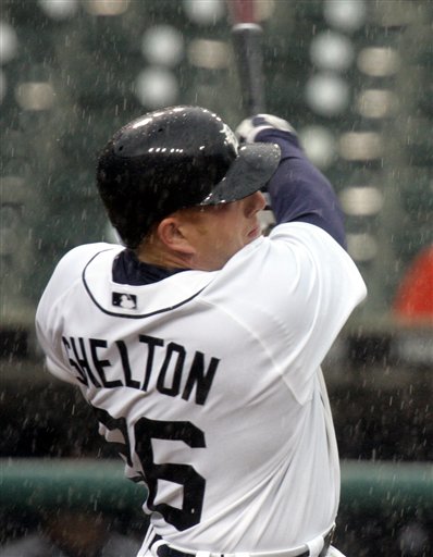 Detroit Tigers' Chris Shelton hits a home run with Magglio Ordonez on second base, in the ninth inning of the baseball game against the Chicago White Sox in Detroit, Wednesday, April 12, 2006. The White Sox defeated the Tigers 4-3. (AP Photo/Carlos Osorio)