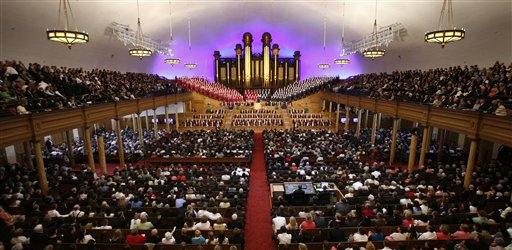 The Mormon Tabernacle Choir sings in the renovated Tabernacle during the Mormon church's semi-annual general conference in the Salt Lake Tabernacle, Saturday, March 31, 2007, in Salt Lake City. The building is famous for its "you can hear a pin drop" acoustics, which missionaries show off on visitor tours by literally dropping a pin. But for the past two years the only sound inside the choir's home has been the pounding of hammers and nails as workers did renovation and seismic upgrade work. (AP Photo/Douglas C. Pizac)