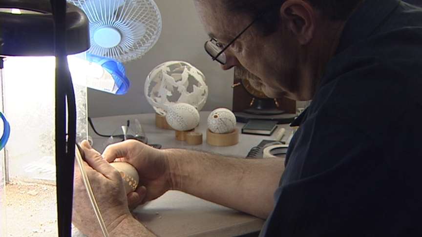 Hand-carved eggs on display
