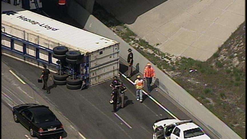 Semi Truck Rolls at I-15 and I-215 Junction
