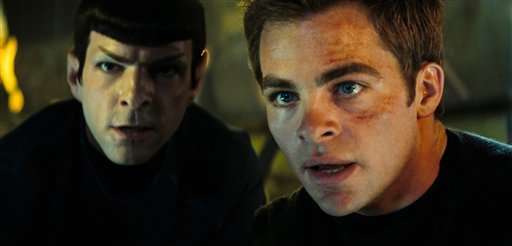 In this film publicity image released by Paramount Pictures, Zachary Quinto as Spock, left, and Chis Pine as James T. Kirk are shown in a scene from, "Star Trek." (AP Photo/Paramount Pictures, Industrial Light & Magic)