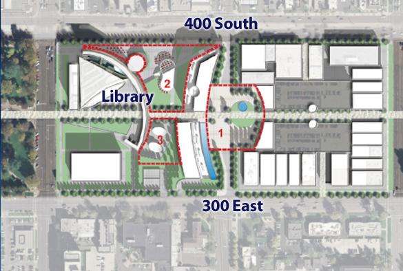 Proposal #1 with new Public Safety Building Complex on west side of 300 East, right next to the library.