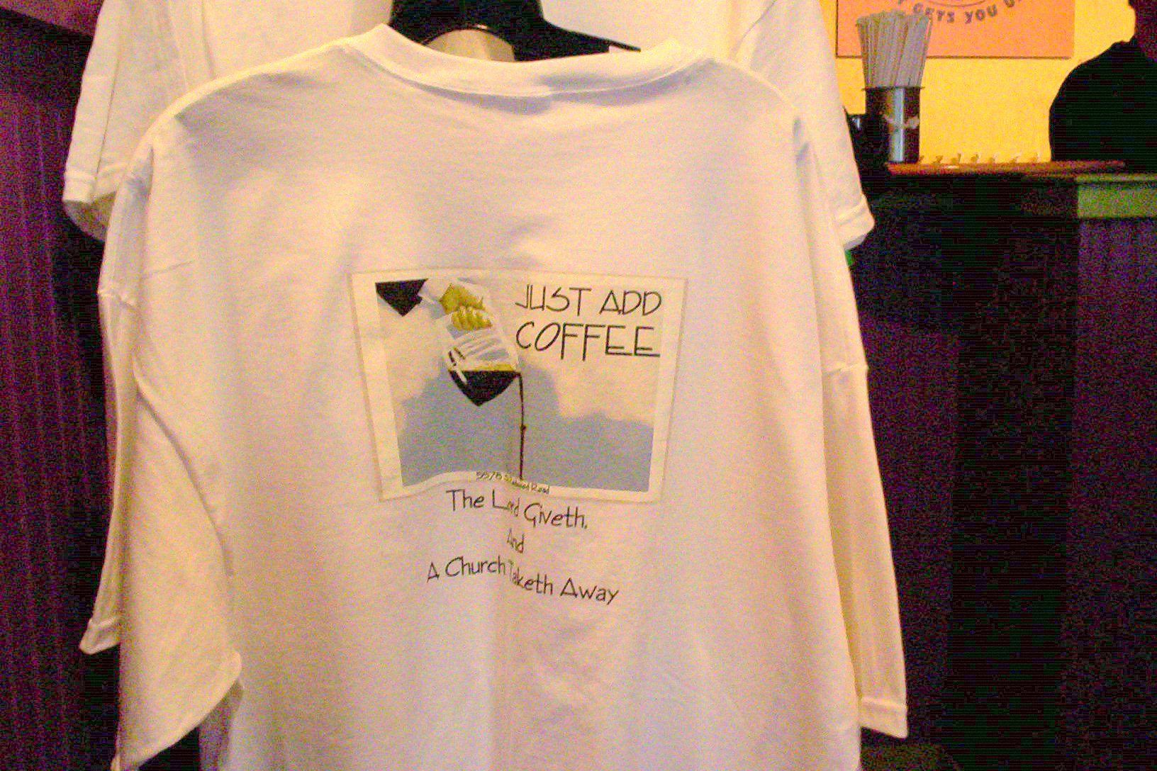 Just Add Coffee Redesigns T-Shirt Without Angel Moroni