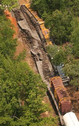 This aerial view shows a derailed freight train near Demopolis, Ala., Wednesday, May 2, 2007. The train, carrying segments of the space shuttle's solid rocket boosters, derailed after a bridge collapsed, authorities said. Six people were reported injured. (AP Photo/Tuscaloosa News, Michael E. Palmer)
