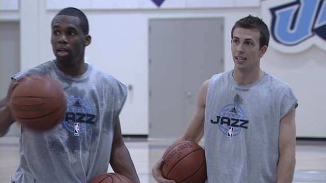UVU's Ryan Toolson (right) and Kentucky's Jodie Meeks were among several players who worked out for the Jazz Tuesday.