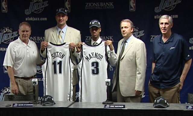 The Utah Jazz introduce its newest draft picks, first round pick, VCU point guard Eric Maynor (holding up jersey #3) and second round pick Michigan State center Goran Sutan (#11).
