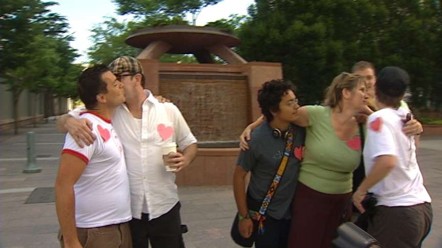 Protesters stage "kiss-in" near LDS temple
