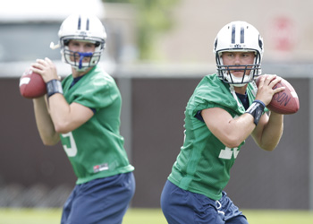 Jake Heaps, left, and Riley Nelson at practice.
