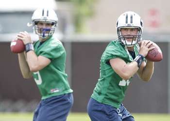 Jake Heaps, left, and Riley Nelson at practice.
