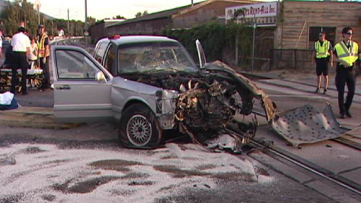 Car hits TRAX train in Midvale