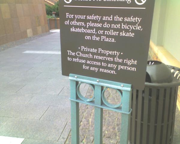 LDS Church posts new signs on Main Street Plaza