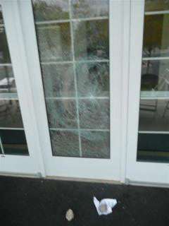 The rocks broke several windows at the church buildings