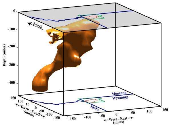 Seismic imaging was used by University of Utah scientists to construct this picture of the Yellowstone hotspot plume. Click to enlarge