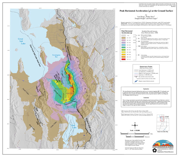 This map illustrates the ground shaking that could occur if a moment magnitude ( ) 7.0 earthquake were to rupture the Salt Lake City segment of the Wasatch fault. The intent of illustrating the strong ground shaking from such a scenario is to indicate that the severity of ground motions could be very strong and very damaging within the map area. (Click here to make larger)