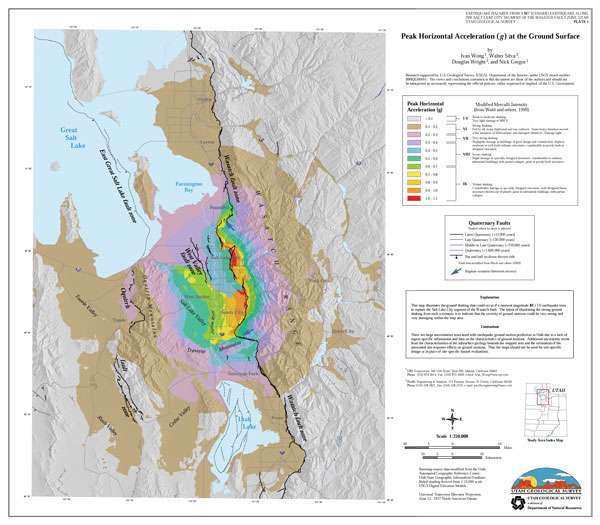 This map illustrates the ground shaking that could occur if a moment magnitude ( ) 7.0 earthquake were to rupture the Salt Lake City segment of the Wasatch fault. The intent of illustrating the strong ground shaking from such a scenario is to indicate that the severity of ground motions could be very strong and very damaging within the map area. (Click here to make larger)