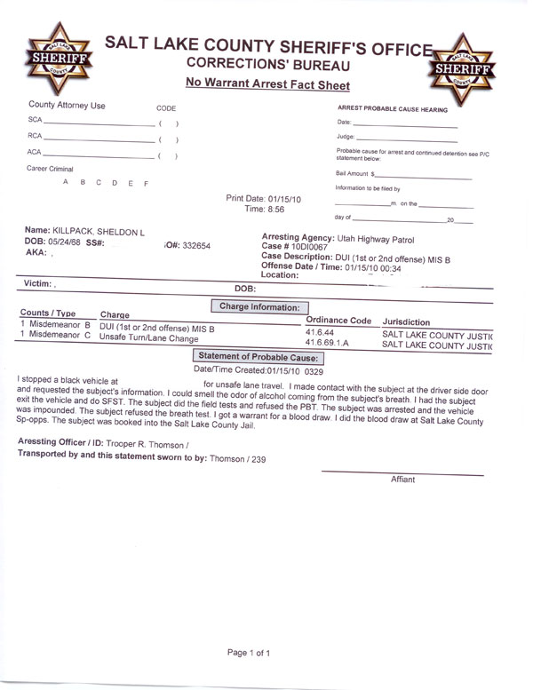 Salt Lake County Sheriff's Office Arrest Fact Sheet