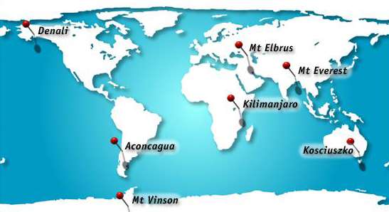 Map of the seven summits, the highest mountains of each of the seven continents. Courtesy MyEverest.com