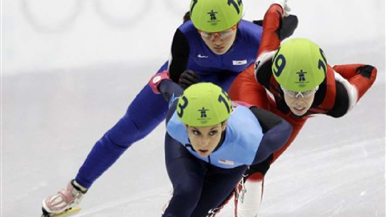 USA's Allison Baver, front, appears at the Vancouver 2010 Olympics on Feb. 24, 2010. Baver, 42, was found guilty of fraud on Thursday by a federal jury.