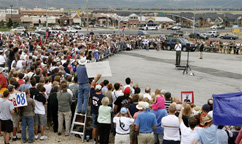 Presidential hopeful Sen. Barack Obama, D-Ill, speaks to supporters during a rally prior to a private fundraising event Sunday in Park City. (AP Photo/Steve C. Wilson)