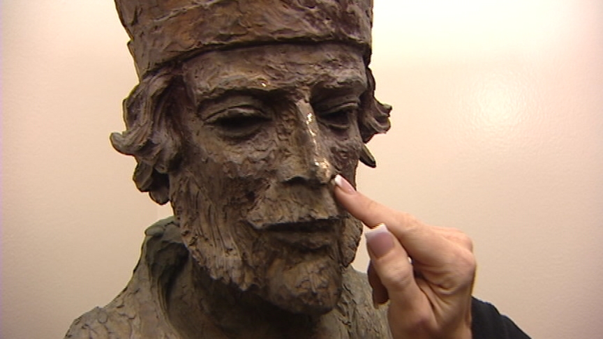 The statue of St. Ambrose was found with a scuffed nose, and graffiti across his chest, but otherwise in good shape.
