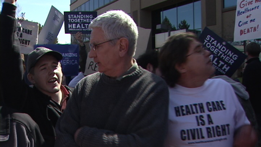 Utahns in support of the health care reform bill rally outside Matheson's Utah office Saturday.
