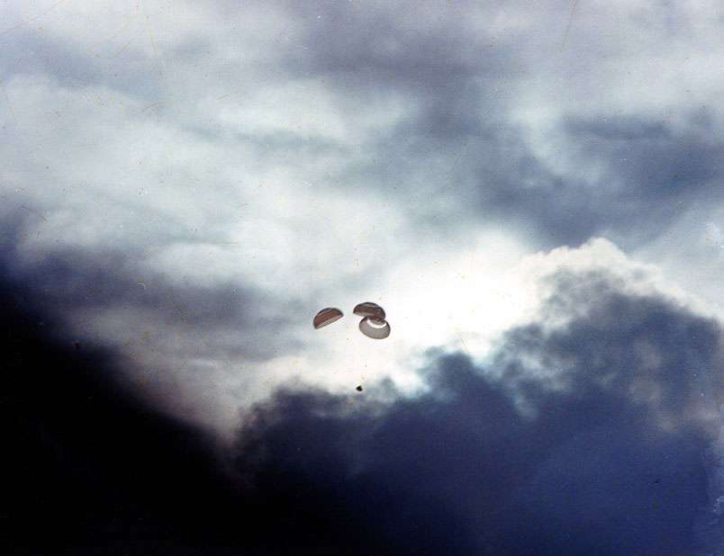 The Apollo 13 Command Module approaches splashdown. 17 April 1970. Courtesy NASA
