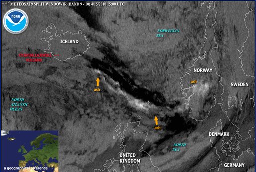 This Thursday April 15, 2010 satellite image annotated and provided by NOAA shows volcanic ash from Iceland sweeping toward mainland Europe.(AP Photo/NOAA)