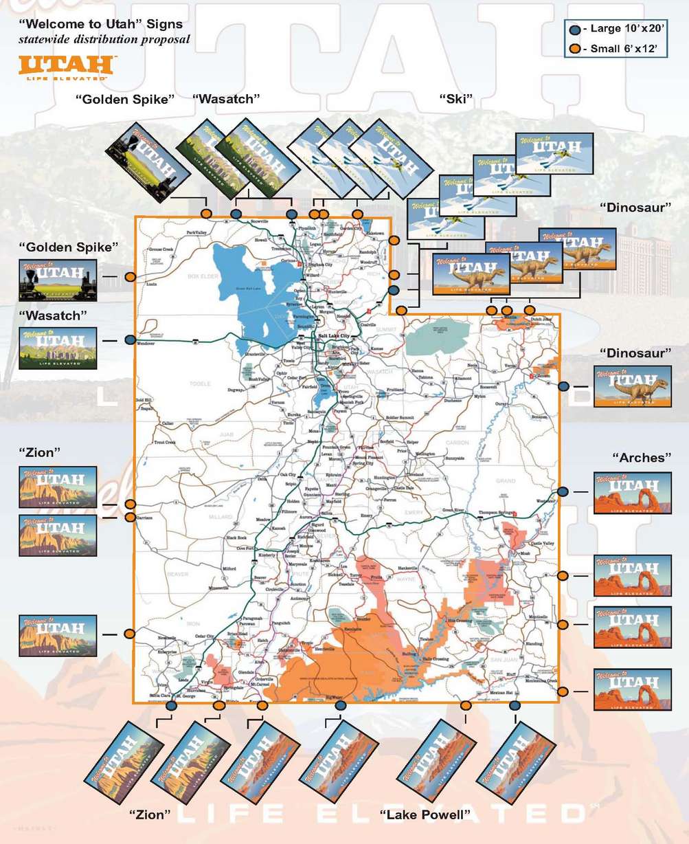 CLICK to enlarge "Welcome to Utah" signs distribution map