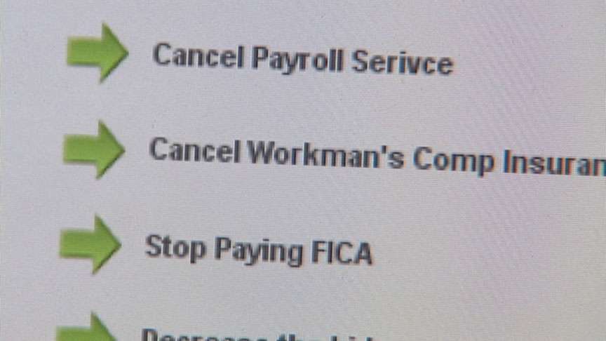 Shot of computer screen telling businesses to cancel payroll, cancel workers comp, stop paying FICA