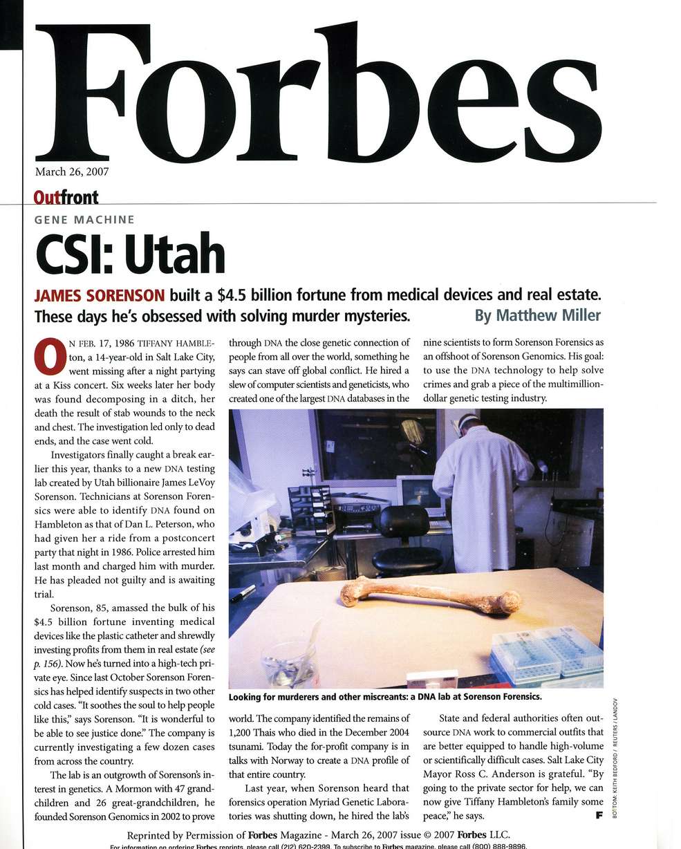 Click to enlarge March 26, 2007 article in Forbes Magazine about Sorenson Forensics.