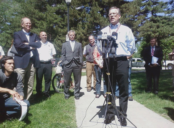 Refinery manager Mark Sullivan at a Monday morning news conference.