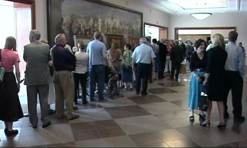 Hundreds stood in line at the LDS Conference Center Friday evening to say goodbye to Arnold Friberg.