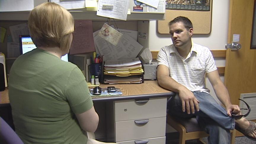 The Salt Lake Community College Veterans Center's Candace Allred (left) was willing to work with Sam Gilligan (right) to get his benefits, but the VA suddenly granted them before she could help much.