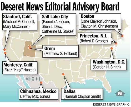 Click to enlarge map to see locations of Deseret News Advisory Board members