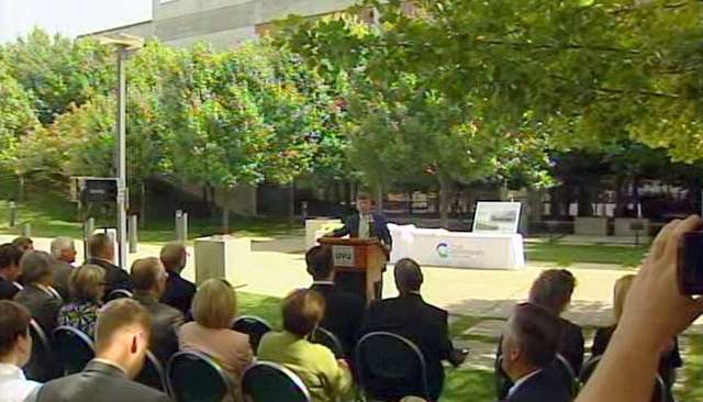 UVU President Matthew Holland announcing UCCU as the new sponsor of the Events Center.