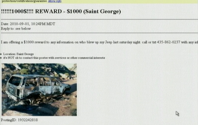 Man posts ad asking for information about torched Jeep | KSL.com