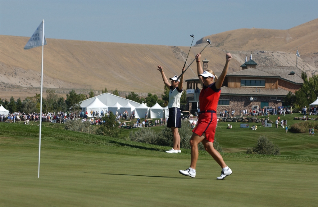 Sorenstams Celebrate: Charlotta and Annika Sorenstam sisters celebrate after Annika sinks a 40-foot putt at the 6th hole.